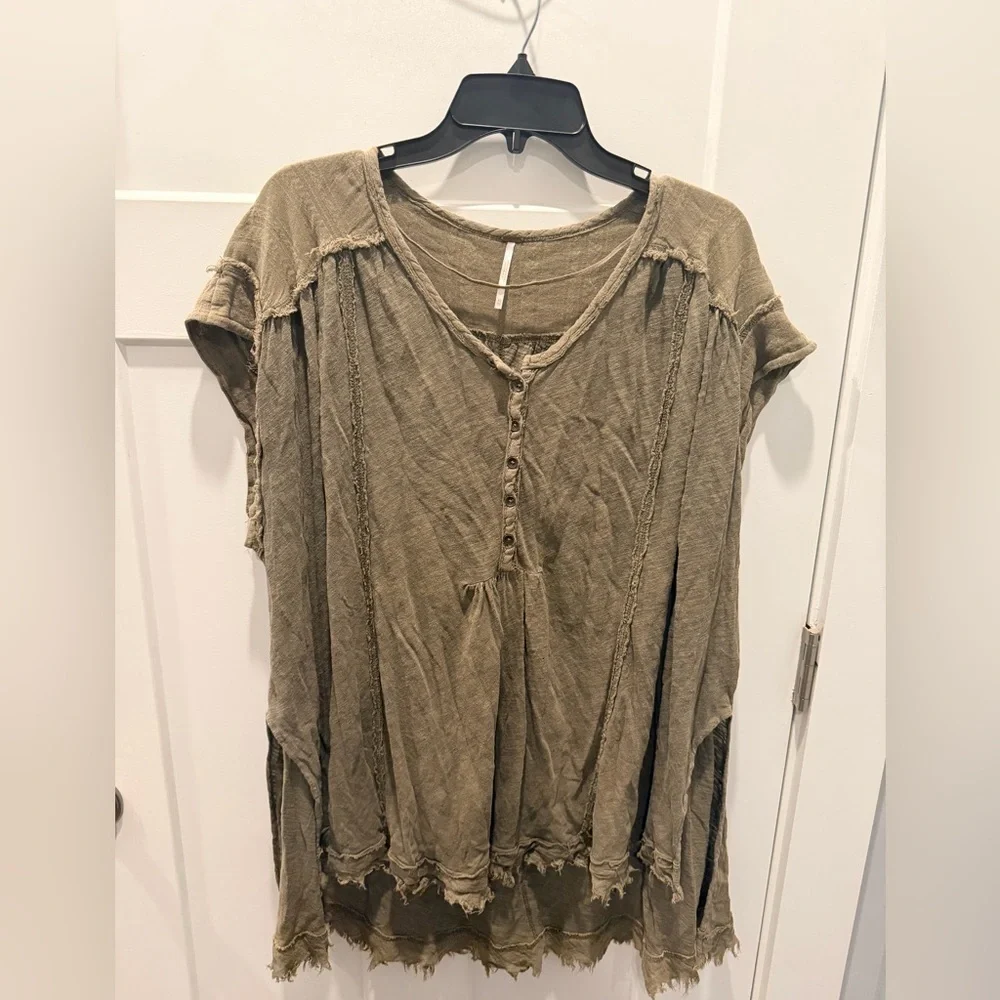 Free People Olive Linen Blend Boho Raw Hem Henley Peasant Top S